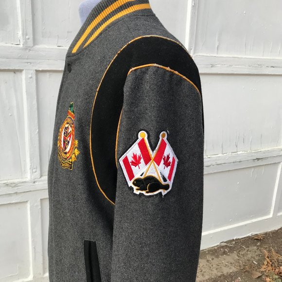 Roots 73 Grey Wool Blend Varsity Spellout Logo Jacket Vintage Embroidered Crest - Picture 6 of 14